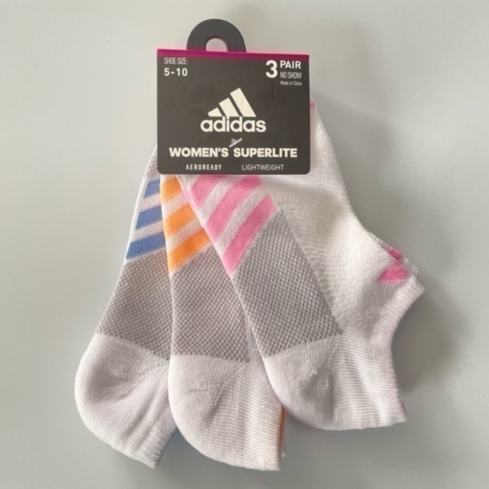 Adidas women’s no show socks 3 pack size 5-10 white gray pink orange blue